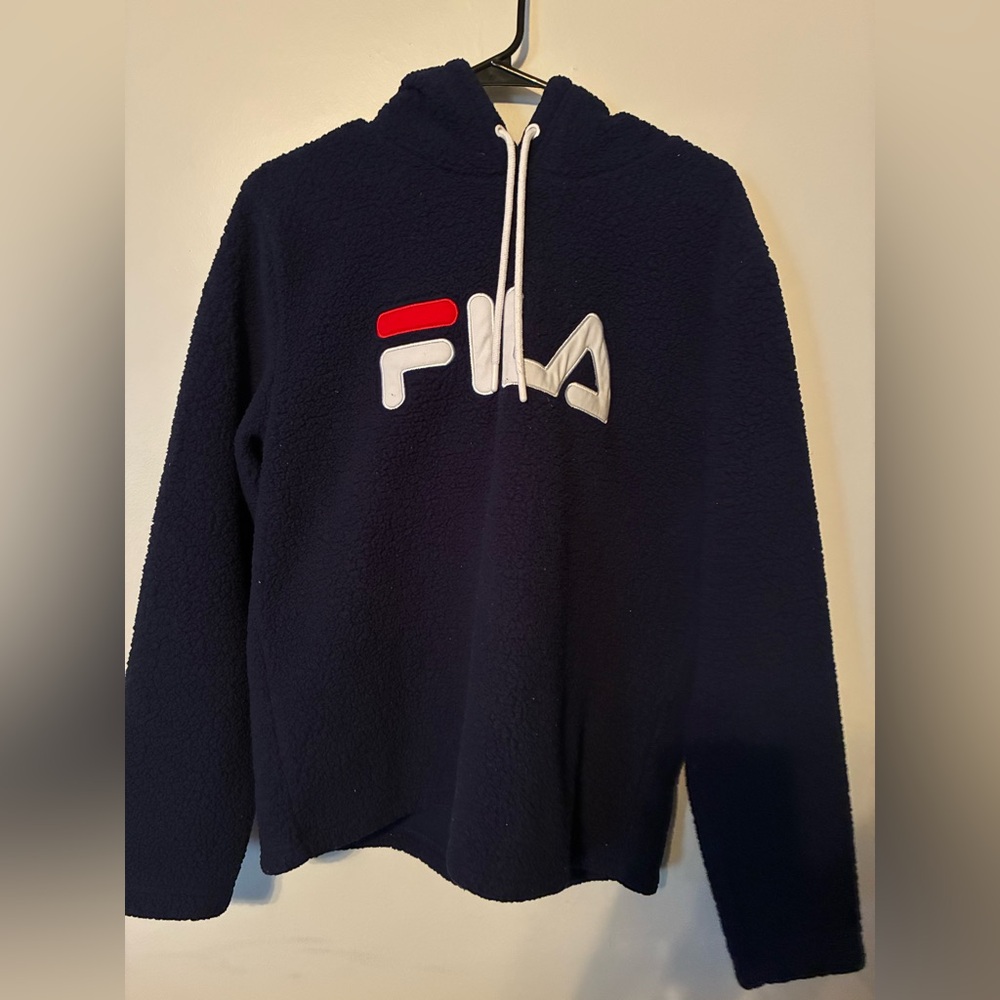 FILA Navy Sherpa Fleece Hoodie – XL | Cozy Pullover Sweatshirt